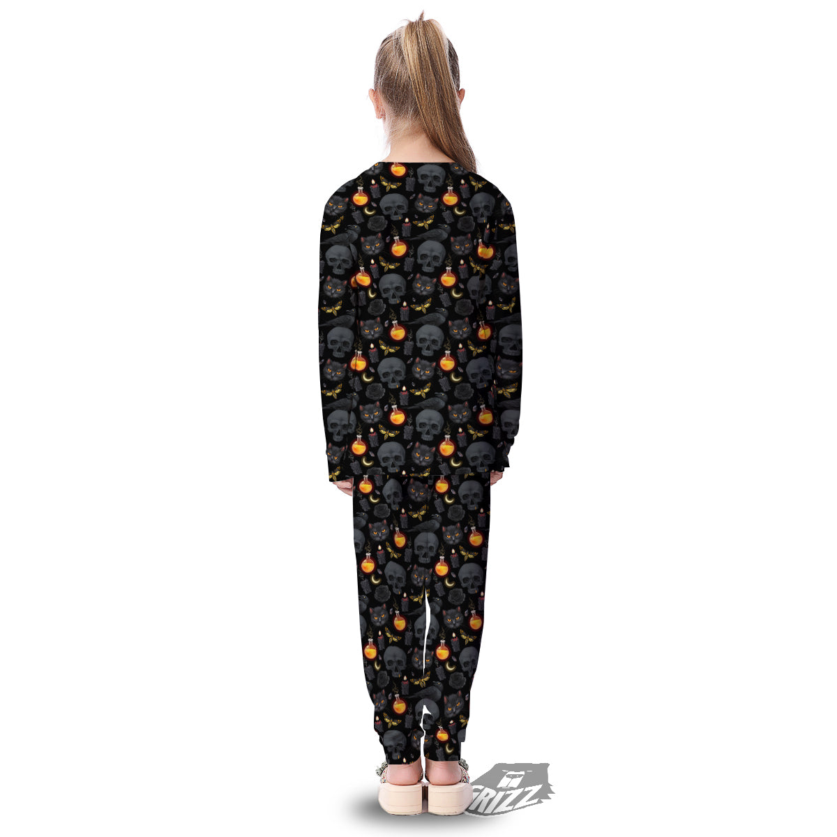 Black Head Cat Raven And Skull Print Pattern Kid's Pajamas-grizzshop