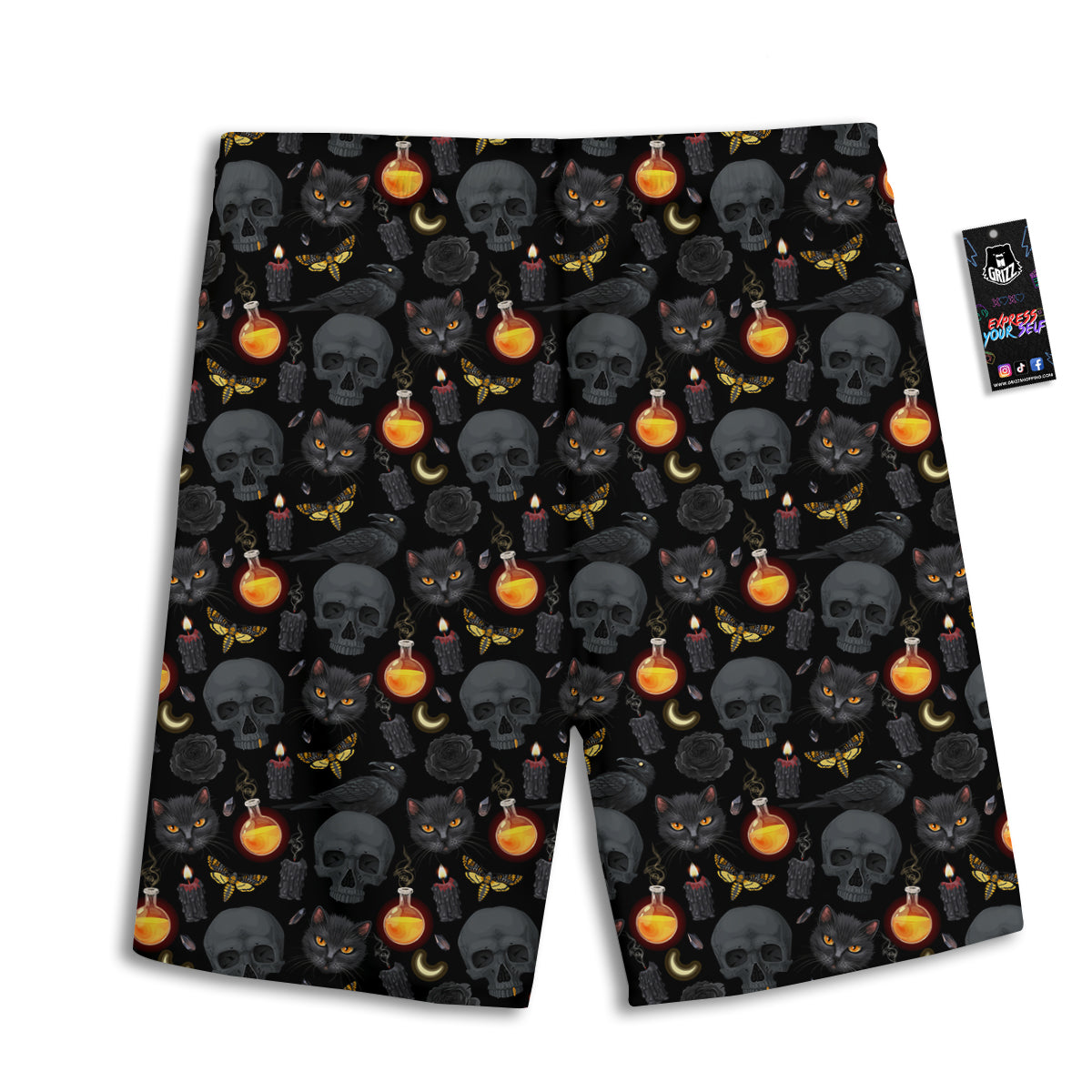Black Head Cat Raven And Skull Print Pattern Men's Athletic Shorts