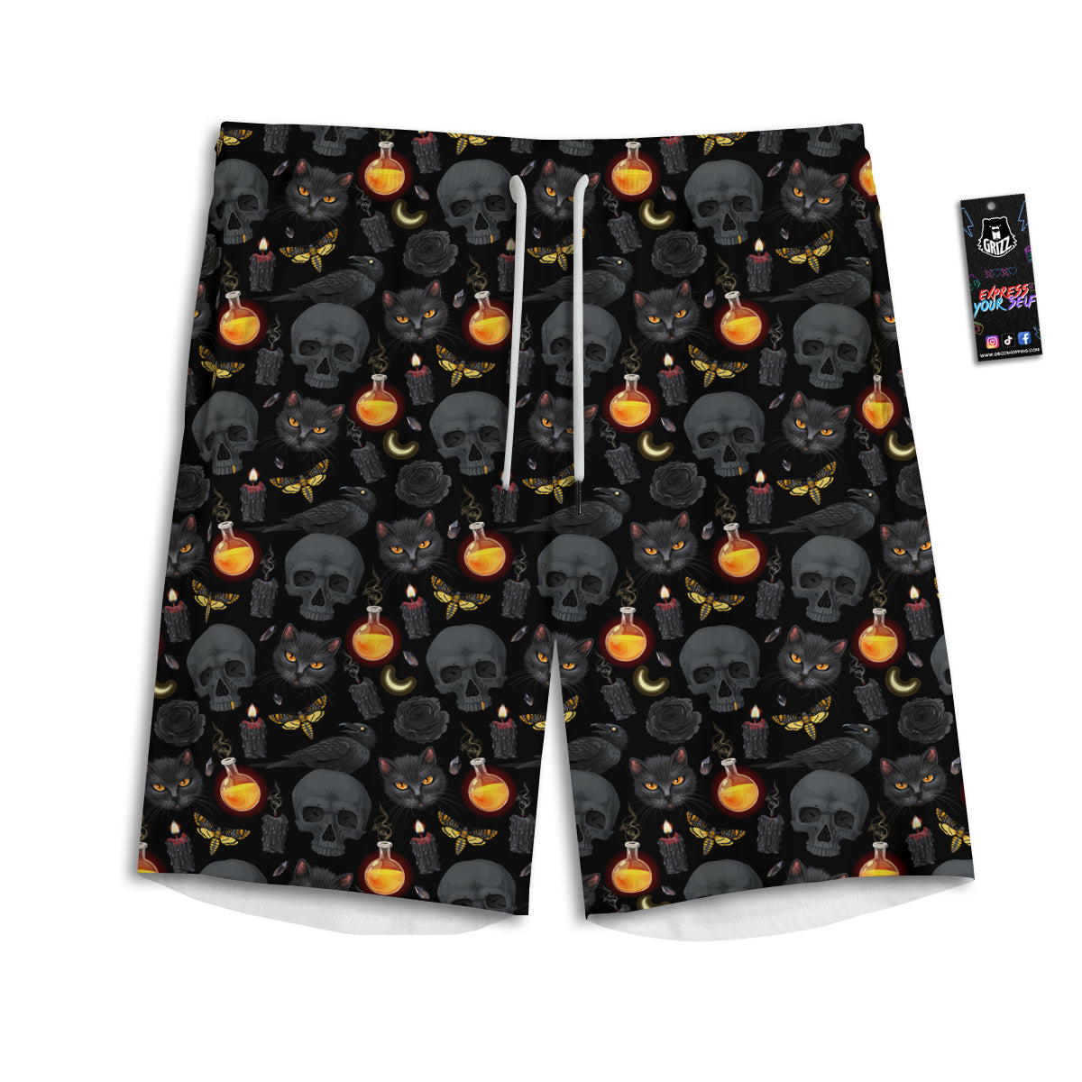 Black Head Cat Raven And Skull Print Pattern Men's Athletic Shorts