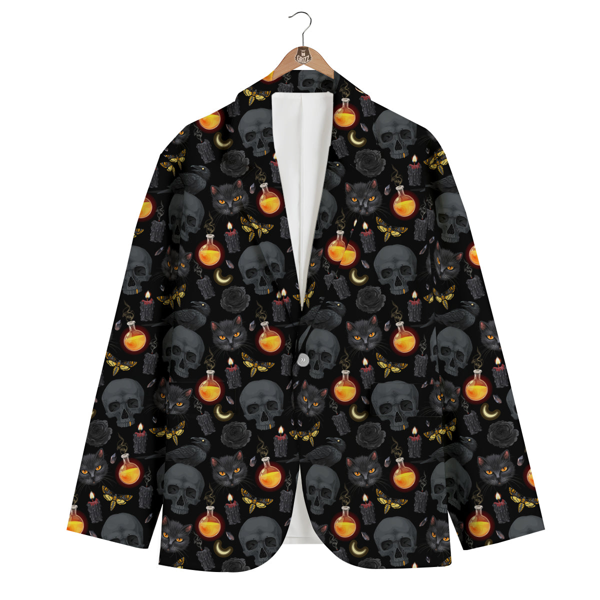 Black Head Cat Raven And Skull Print Pattern Men's Blazer-grizzshop