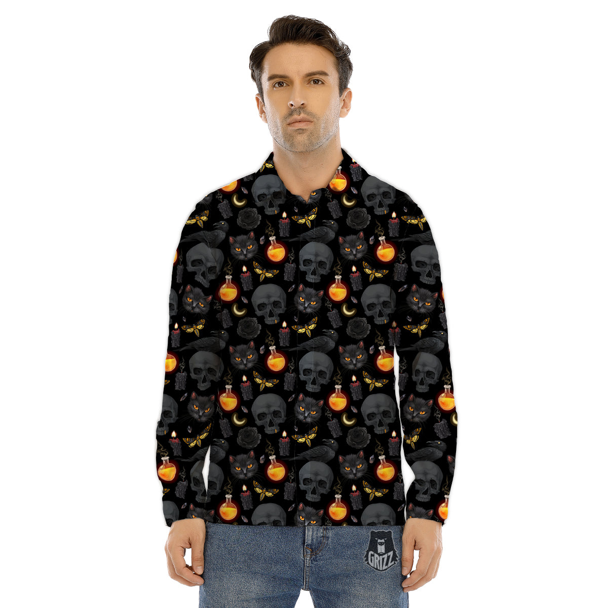 Black Head Cat Raven And Skull Print Pattern Men's Dress Shirts-grizzshop