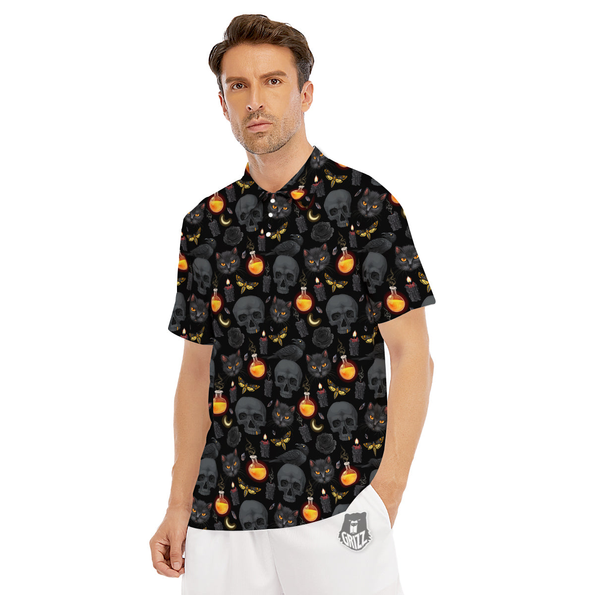 Black Head Cat Raven And Skull Print Pattern Men's Golf Shirts-grizzshop