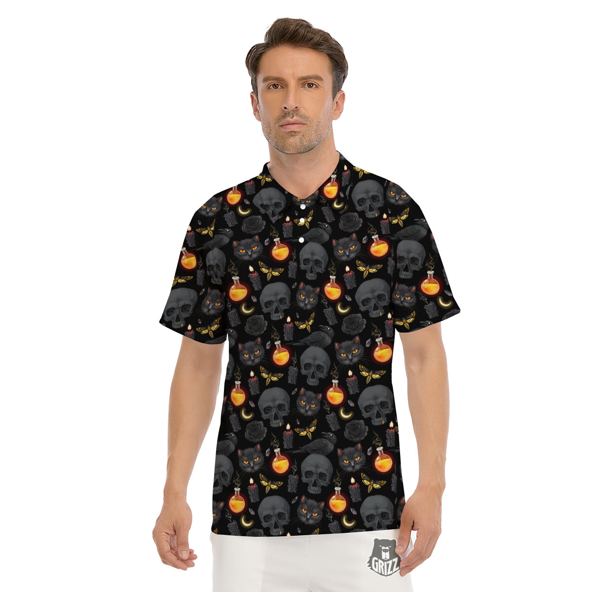 Black Head Cat Raven And Skull Print Pattern Men's Golf Shirts-grizzshop