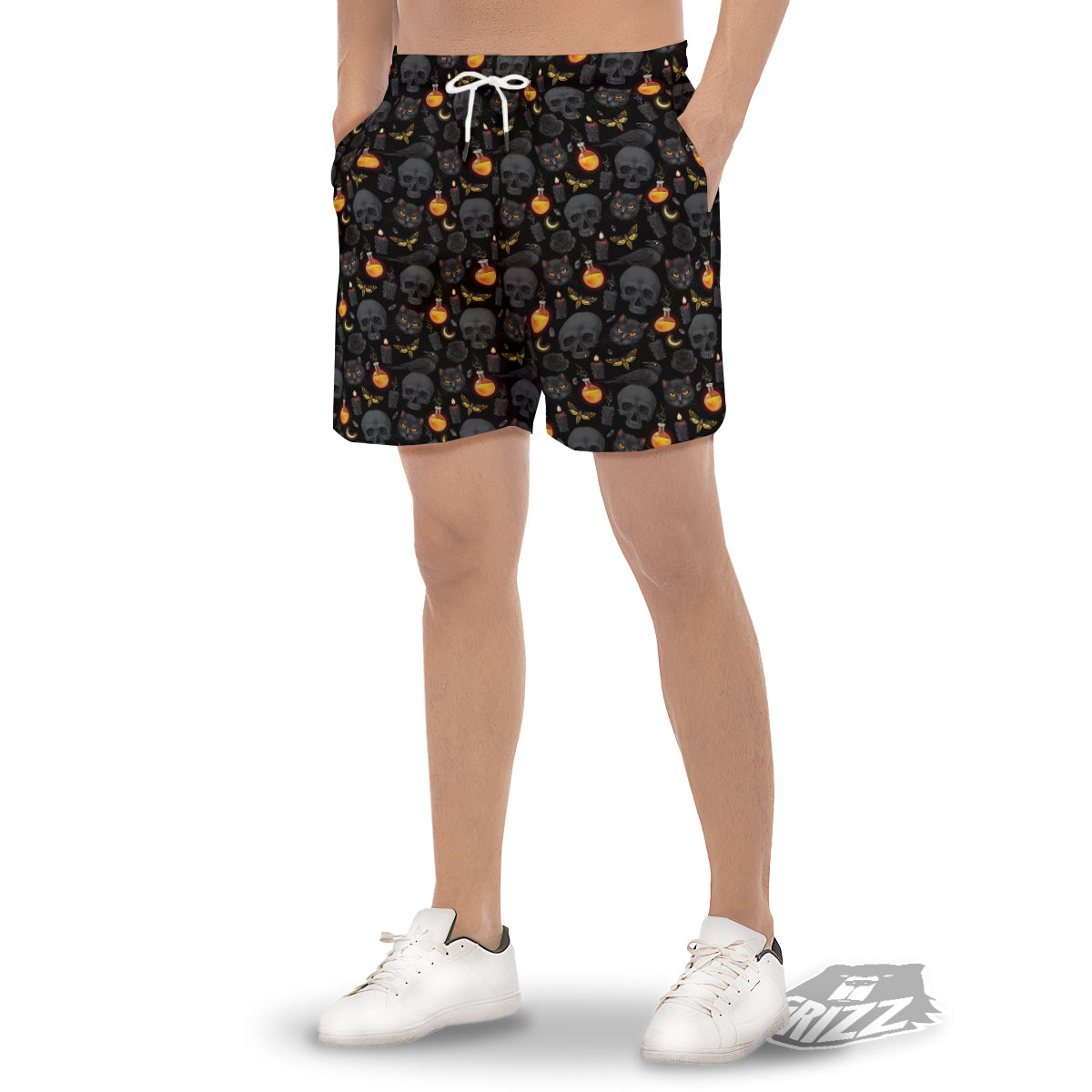 Black Head Cat Raven And Skull Print Pattern Men's Gym Shorts-grizzshop