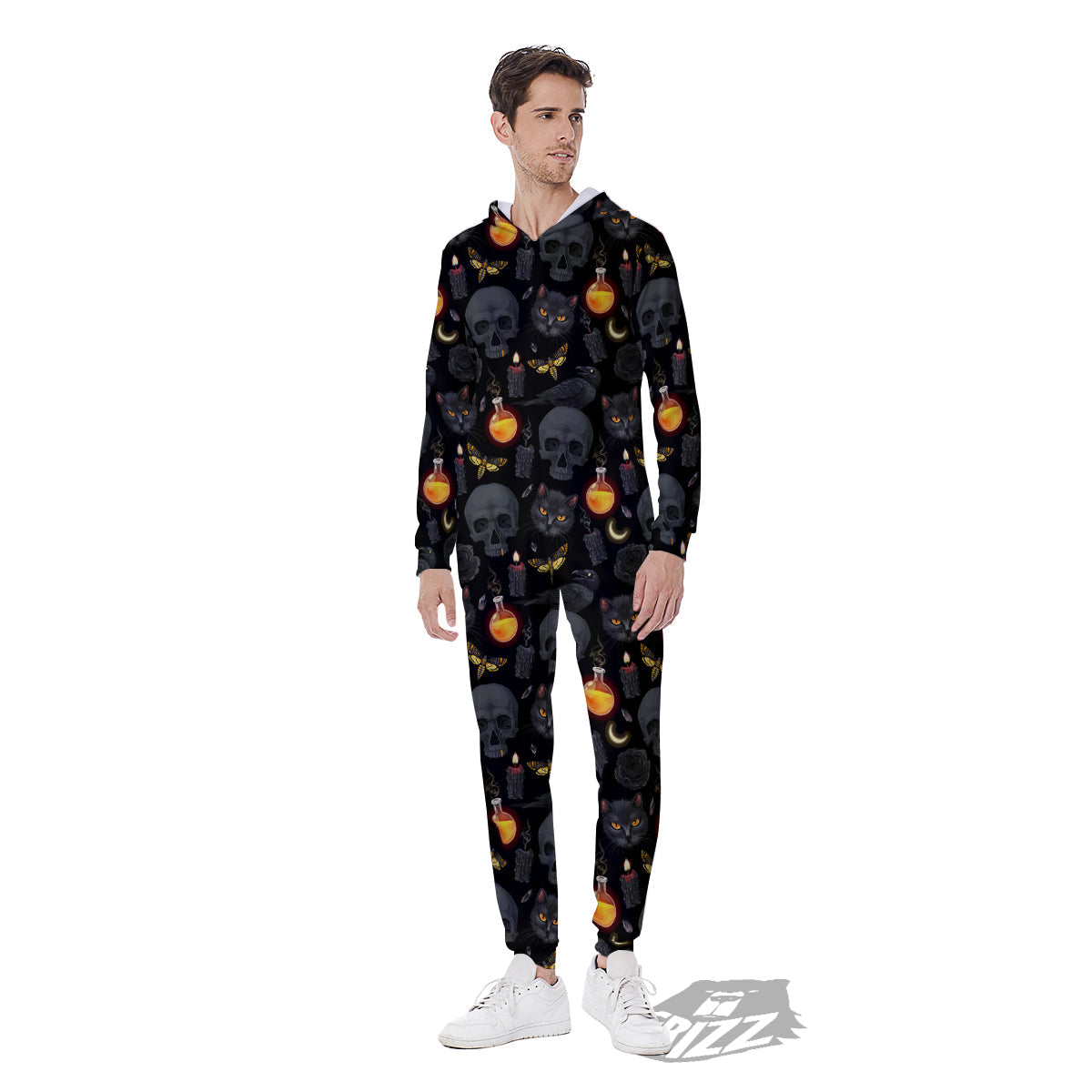 Black Head Cat Raven And Skull Print Pattern Men's Jumpsuit-grizzshop