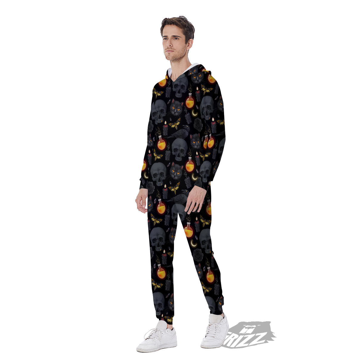 Black Head Cat Raven And Skull Print Pattern Men's Jumpsuit-grizzshop