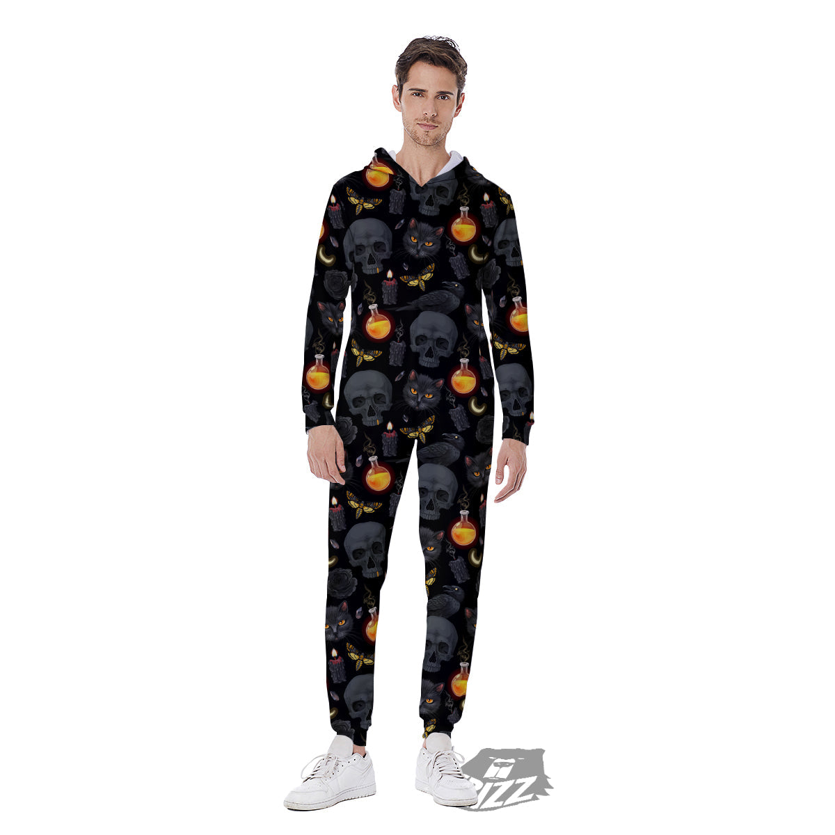 Black Head Cat Raven And Skull Print Pattern Men's Jumpsuit-grizzshop