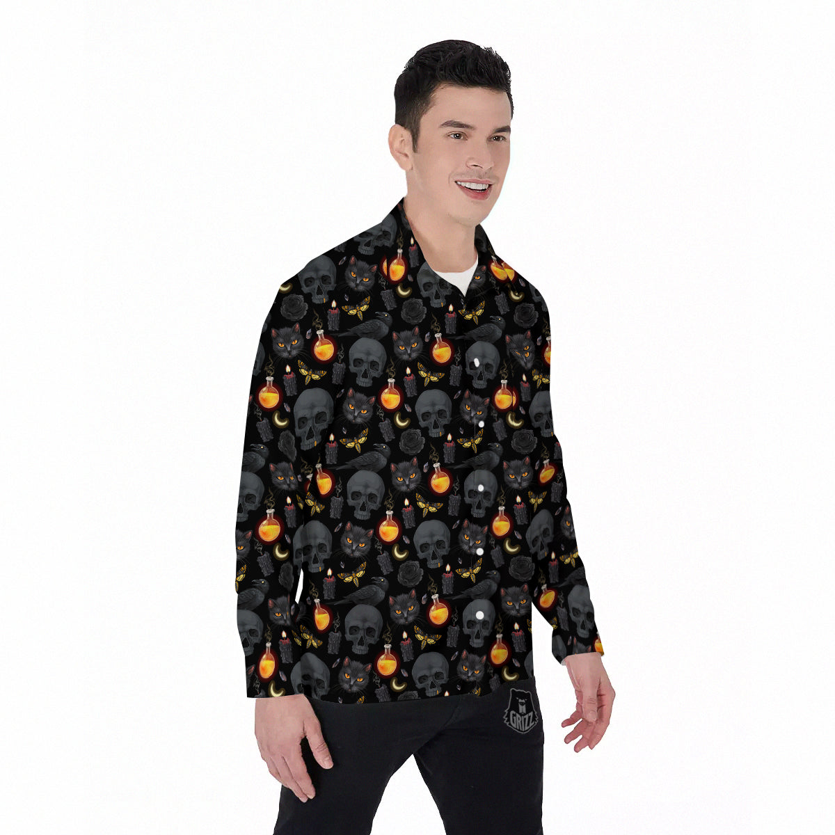 Black Head Cat Raven And Skull Print Pattern Men's Long Sleeve Shirts-grizzshop