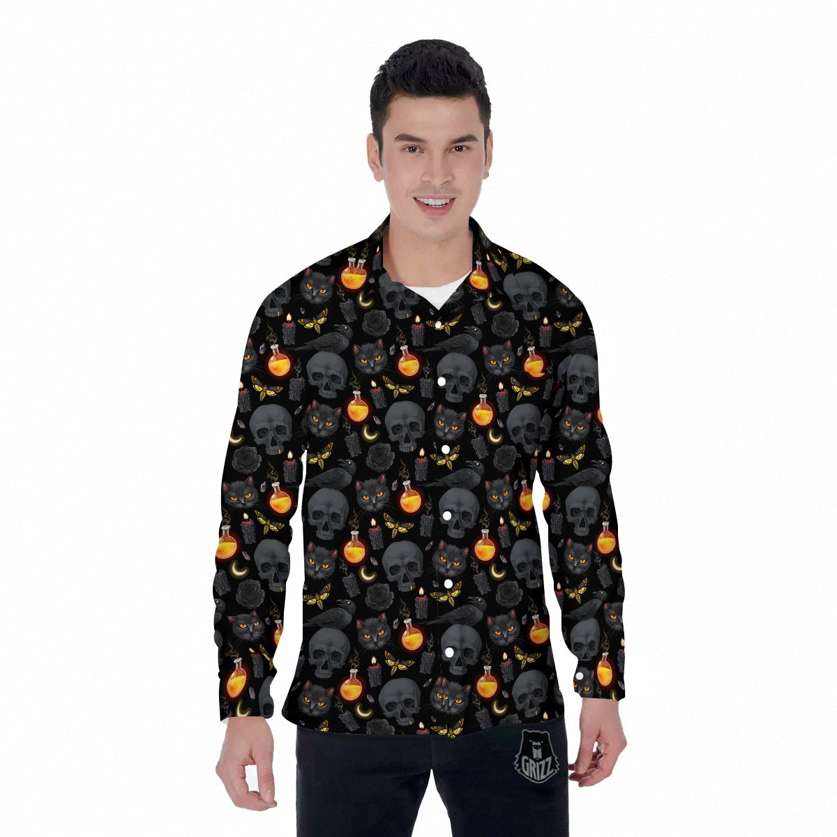 Black Head Cat Raven And Skull Print Pattern Men's Long Sleeve Shirts-grizzshop