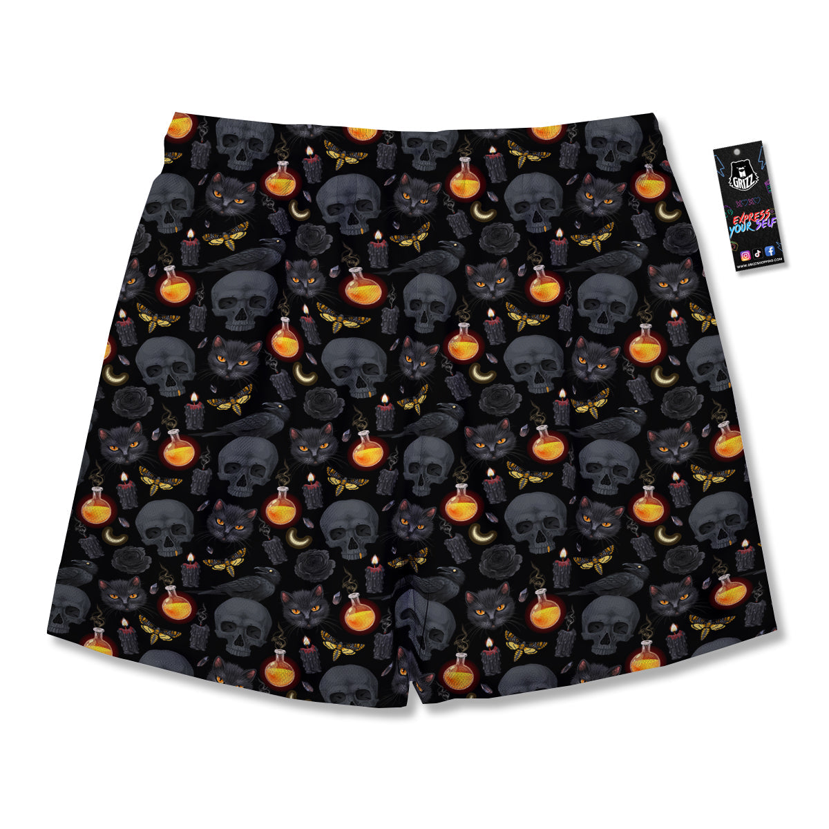 Black Head Cat Raven And Skull Print Pattern Men's Running Shorts-grizzshop
