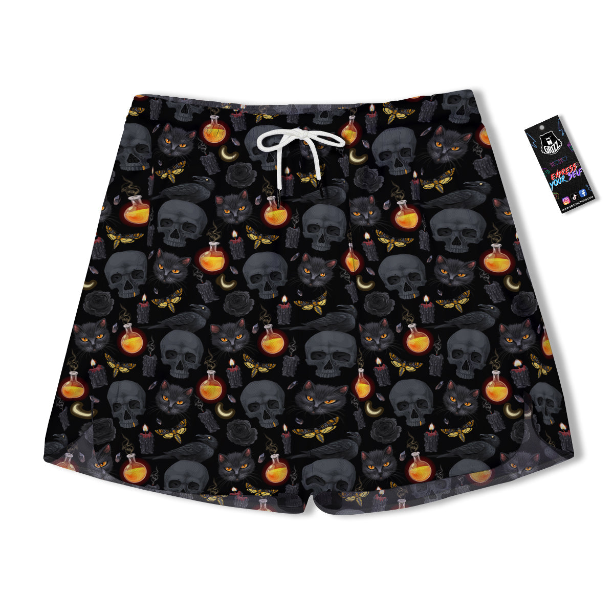 Black Head Cat Raven And Skull Print Pattern Men's Running Shorts-grizzshop