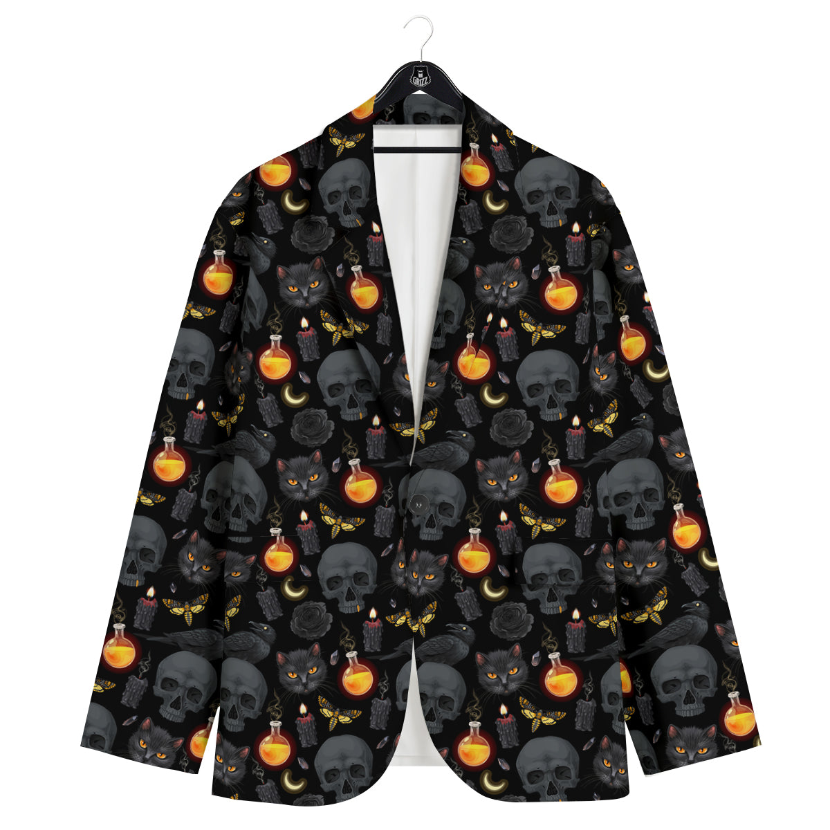 Black Head Cat Raven And Skull Print Pattern Men's Sport Coat-grizzshop