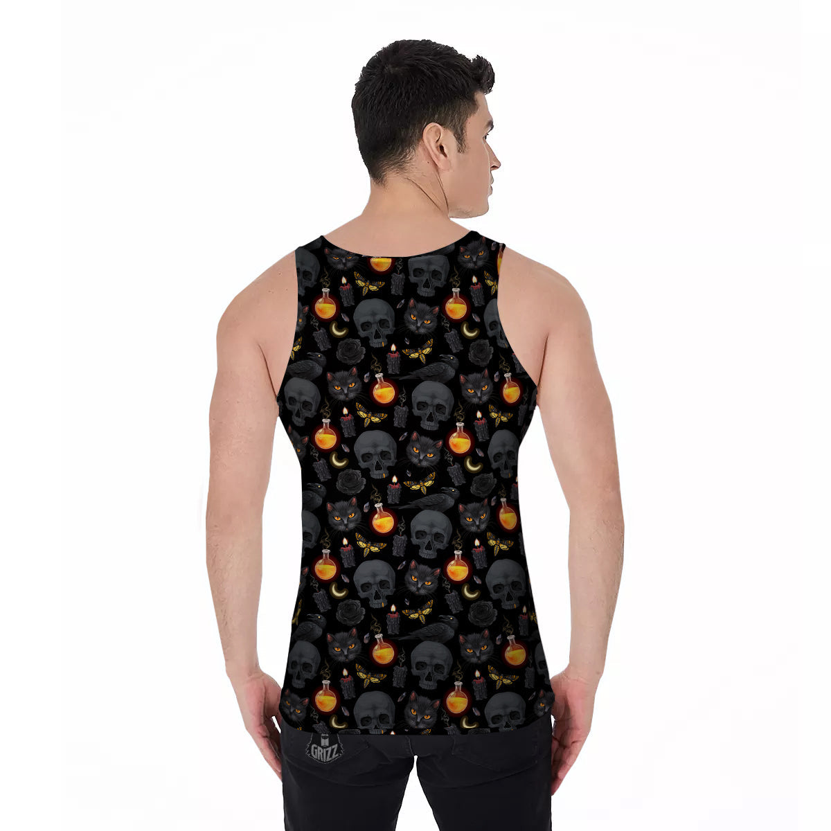Black Head Cat Raven And Skull Print Pattern Men's Tank Top-grizzshop