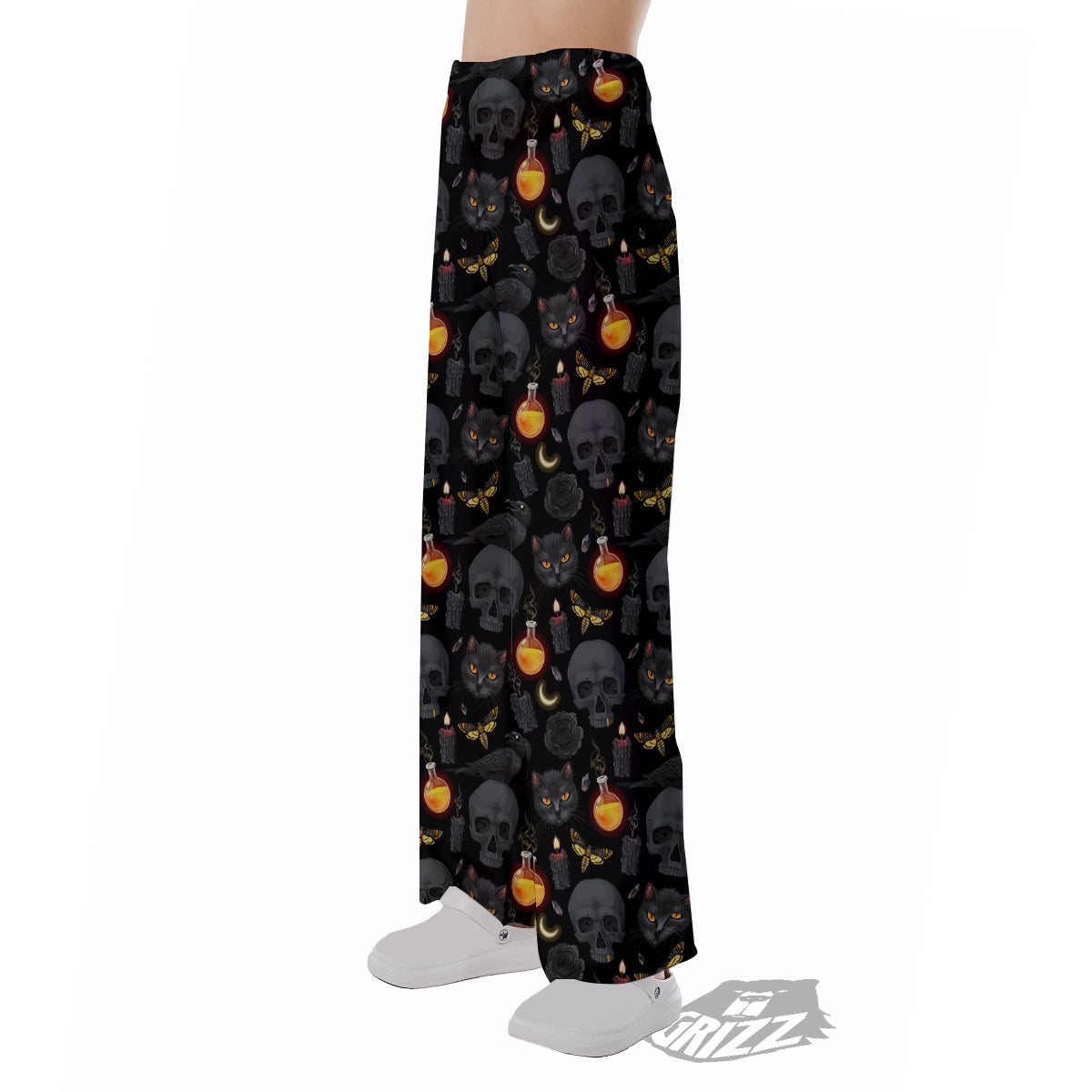 Black Head Cat Raven And Skull Print Pattern Pajama Pants-grizzshop