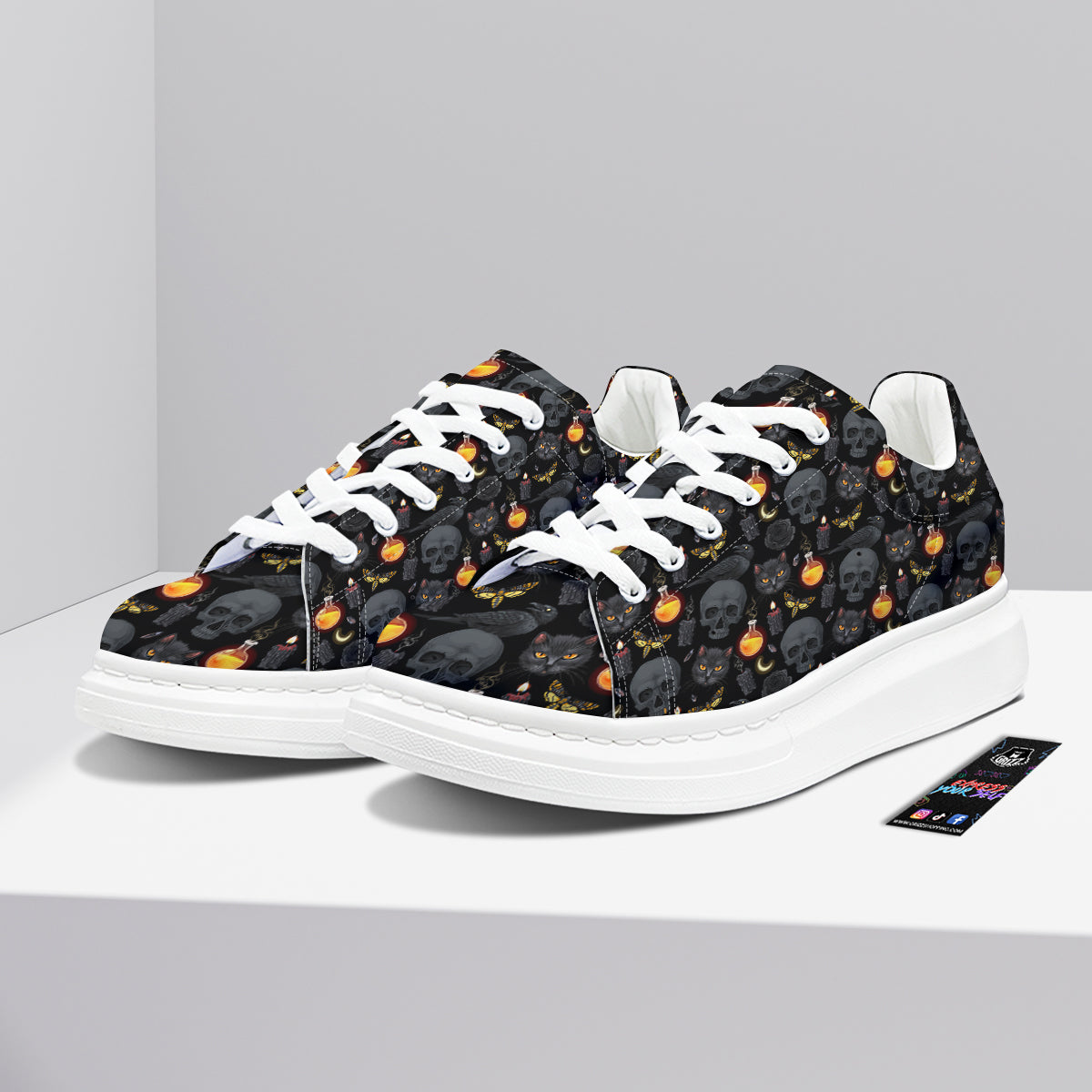 Black Head Cat Raven And Skull Print Pattern Platform Shoes-grizzshop