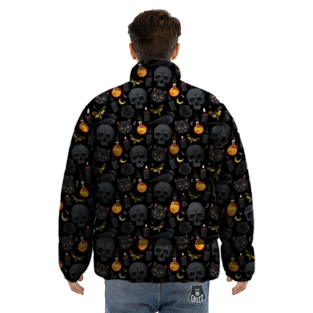 Black Head Cat Raven And Skull Print Pattern Puffer Jacket-grizzshop