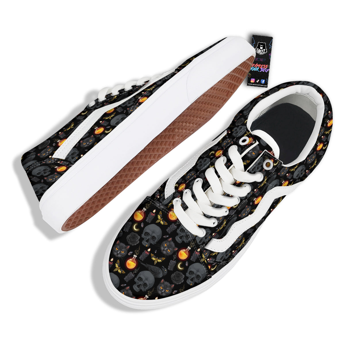 Black Head Cat Raven And Skull Print Pattern Skate Shoes-grizzshop