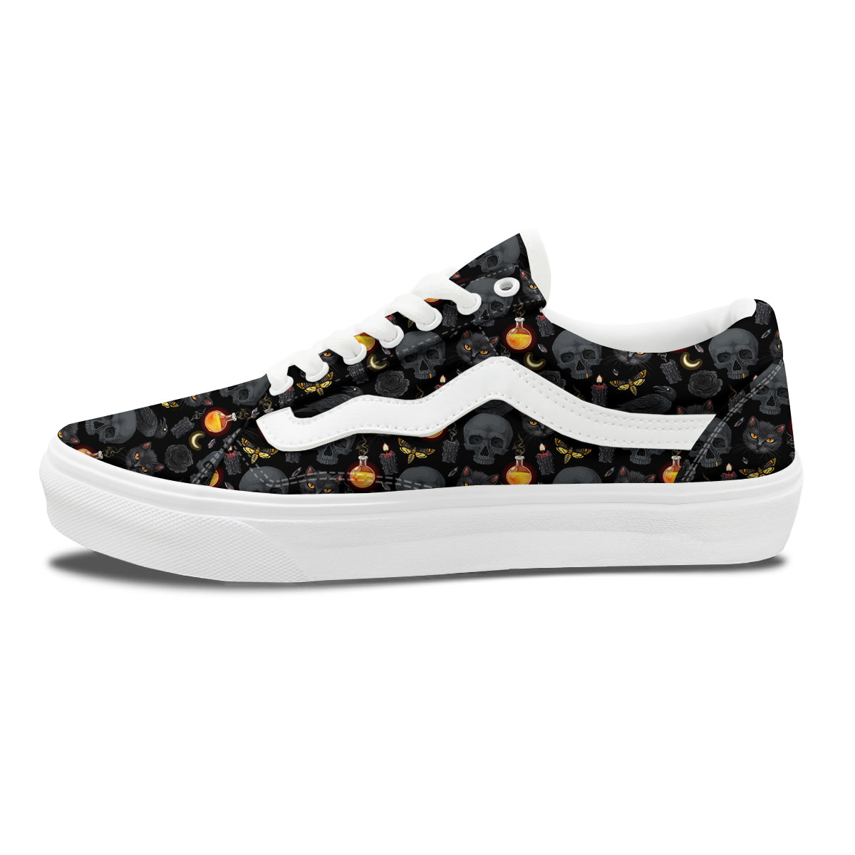 Black Head Cat Raven And Skull Print Pattern Skate Shoes-grizzshop
