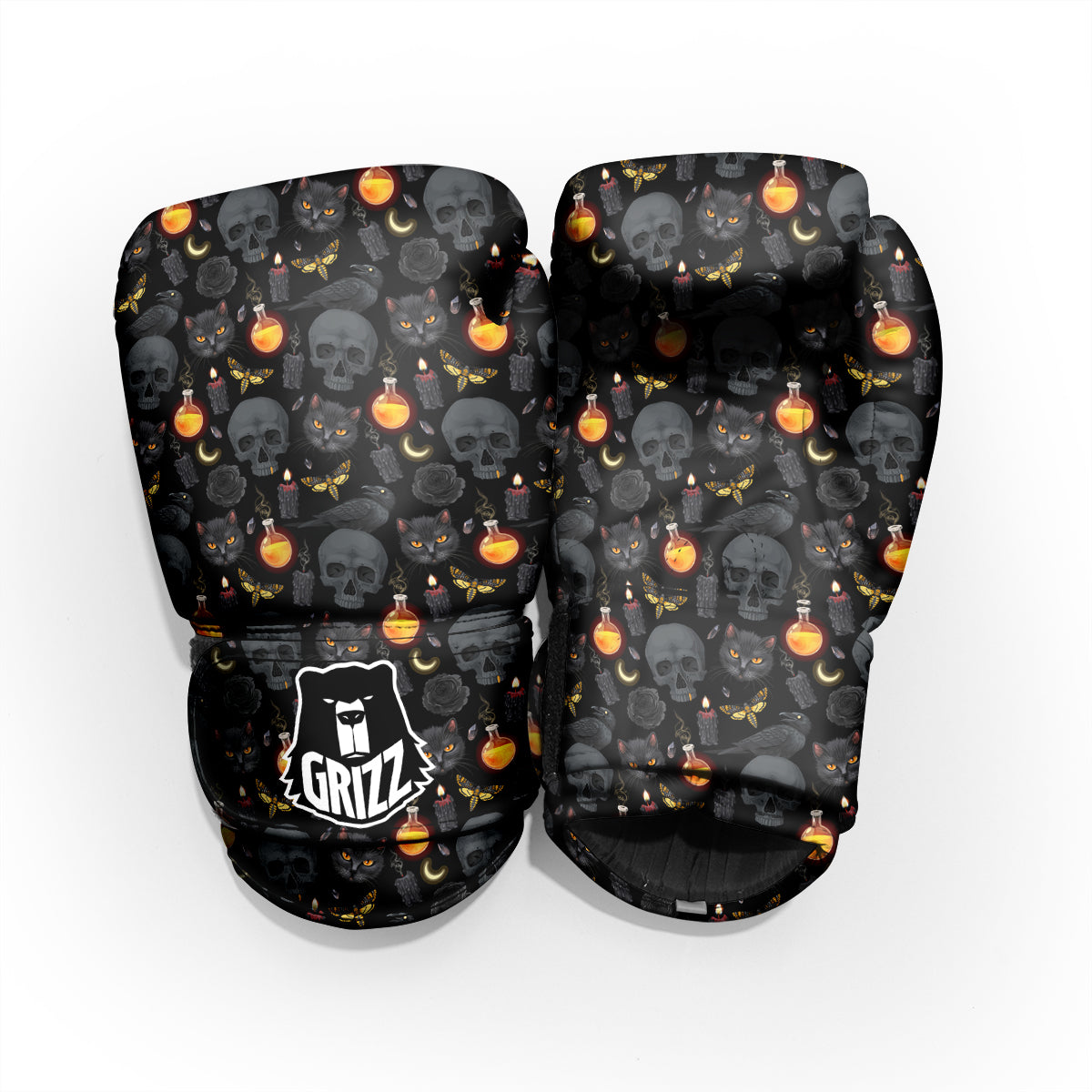 Black Head Cat Raven And Skull Print Pattern Pro Boxing Glove
