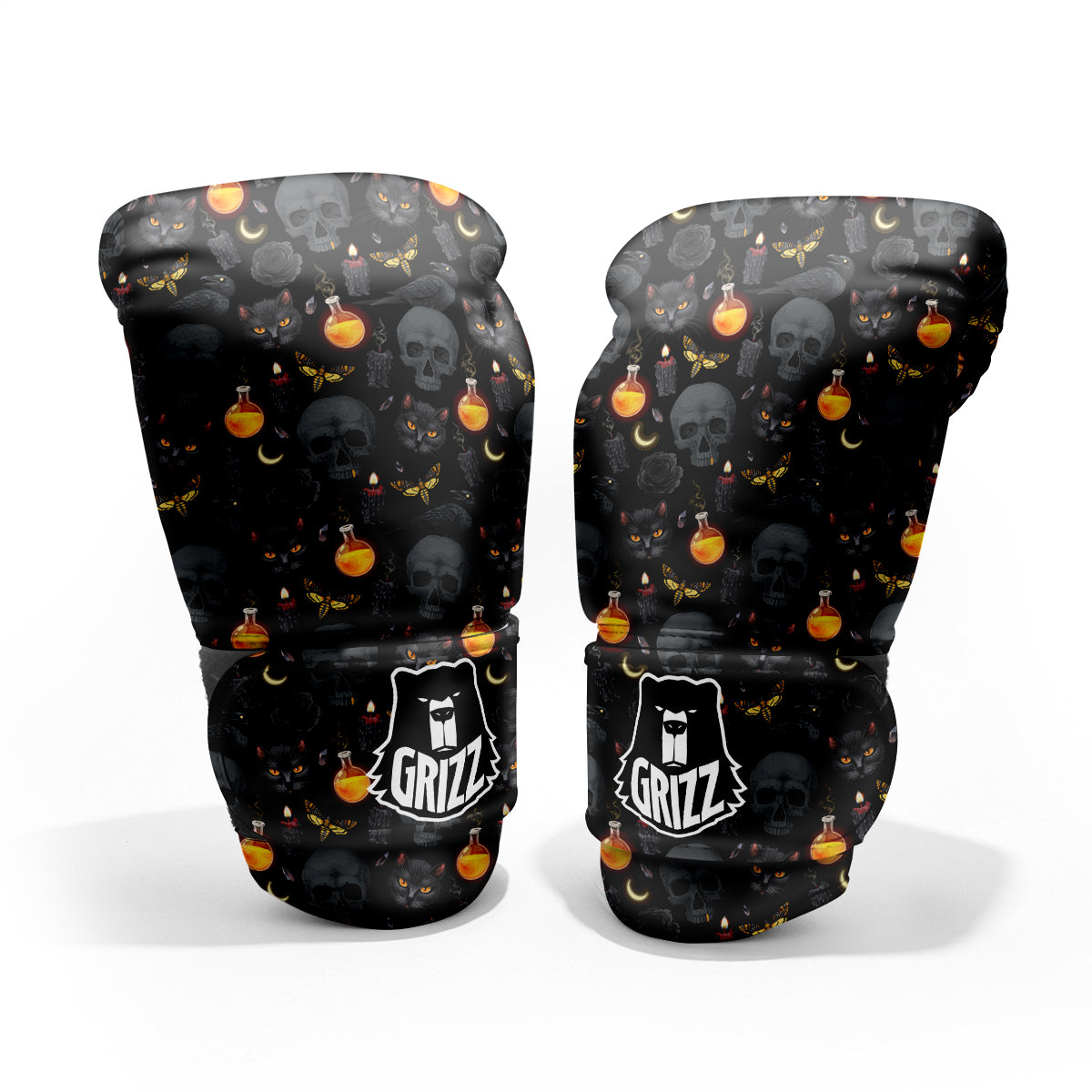 Black Head Cat Raven And Skull Print Pattern Pro Boxing Glove
