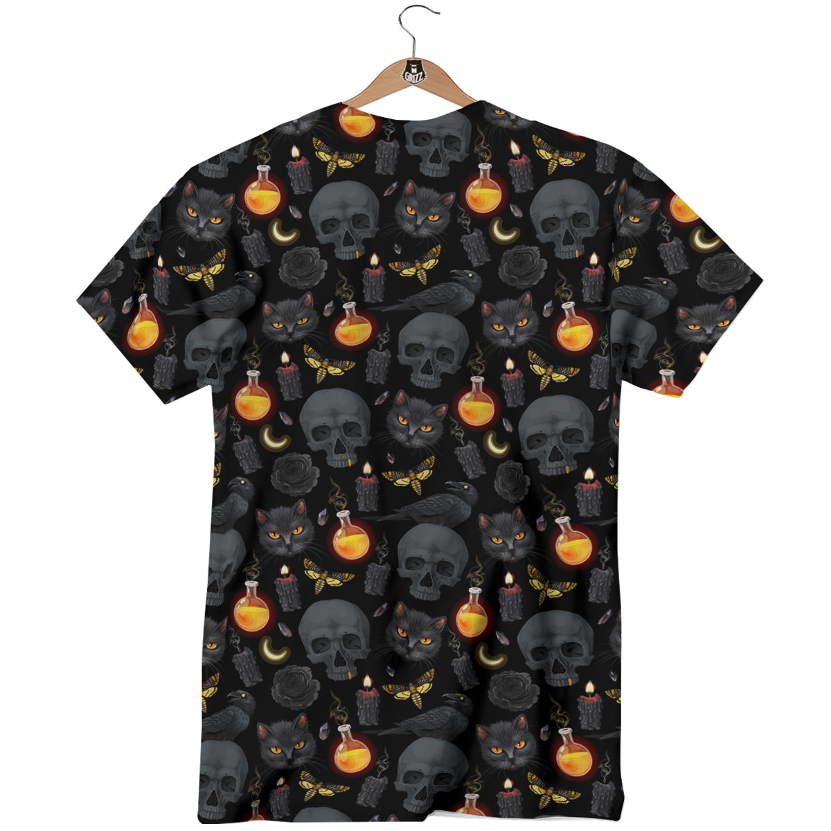 Black Head Cat Raven And Skull Print Pattern T-Shirt-grizzshop