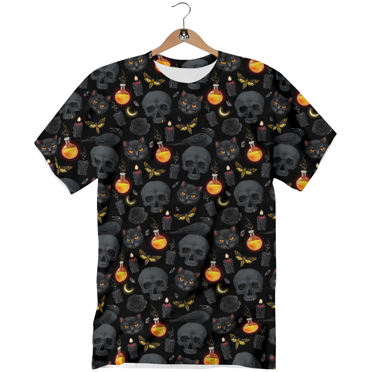 Black Head Cat Raven And Skull Print Pattern T-Shirt-grizzshop