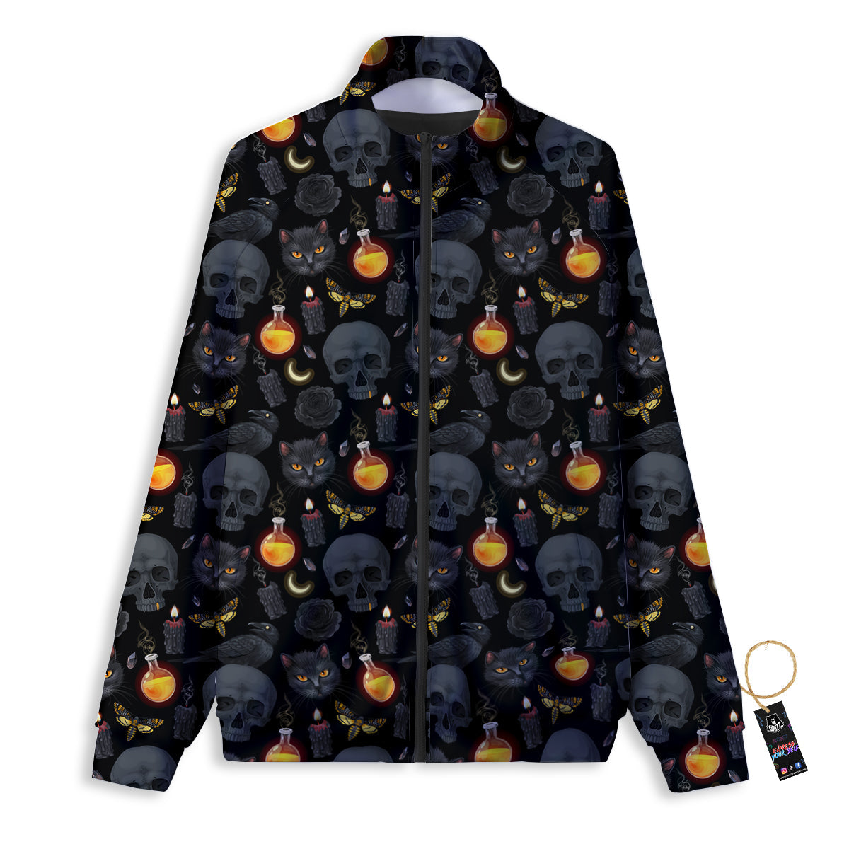 Black Head Cat Raven And Skull Print Pattern Track Jacket-grizzshop