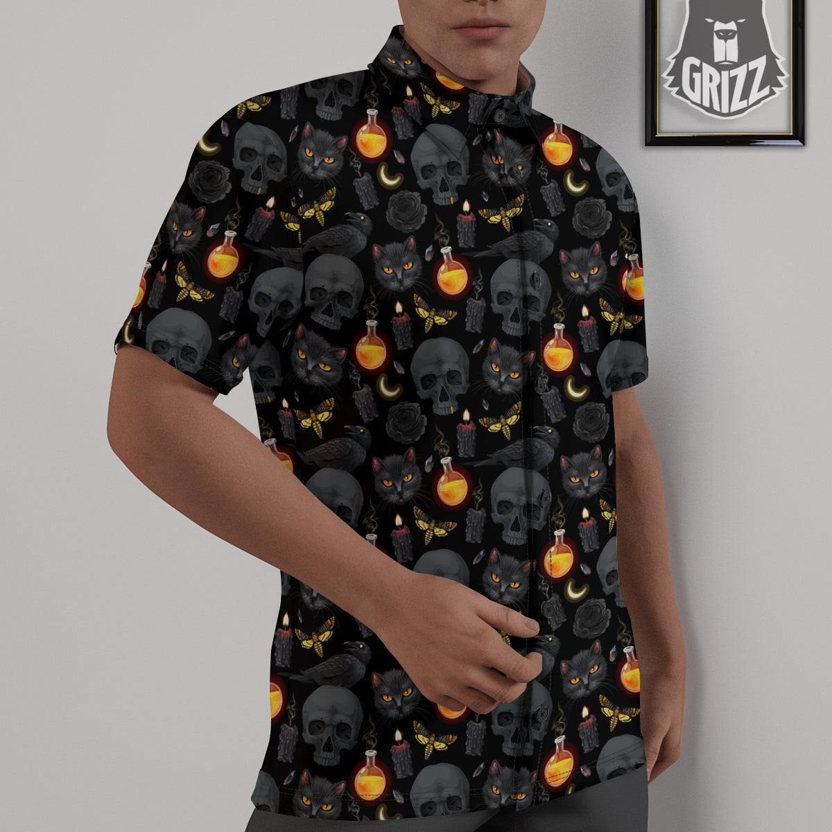 Black Head Cat Raven And Skull Print Pattern Untucked Shirts-grizzshop
