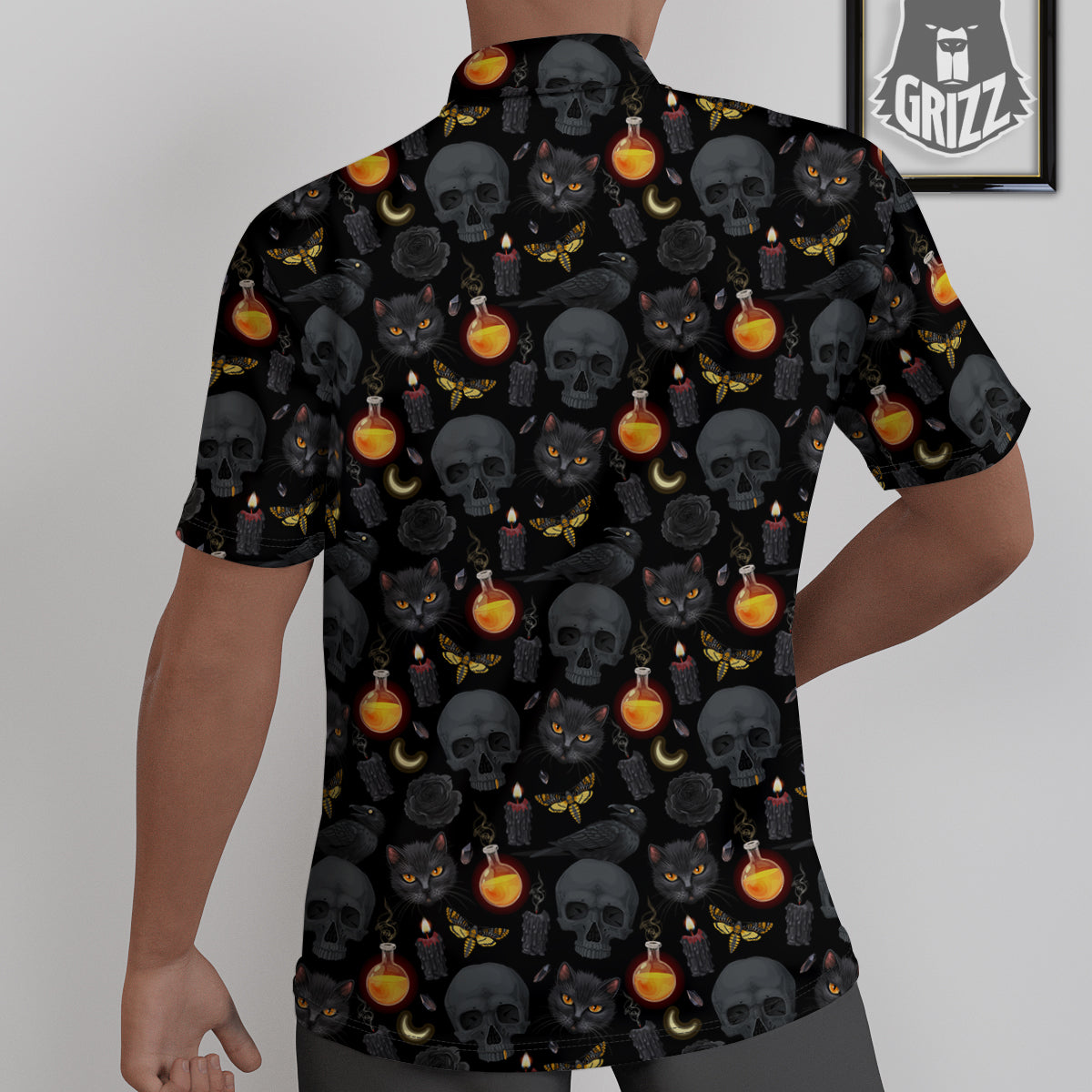 Black Head Cat Raven And Skull Print Pattern Untucked Shirts-grizzshop