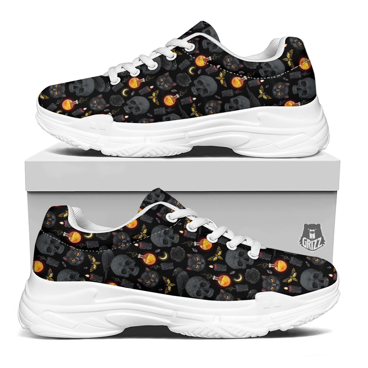Black Head Cat Raven And Skull Print Pattern White Chunky Shoes-grizzshop