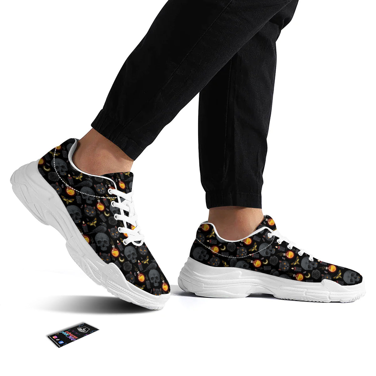 Black Head Cat Raven And Skull Print Pattern White Chunky Shoes-grizzshop