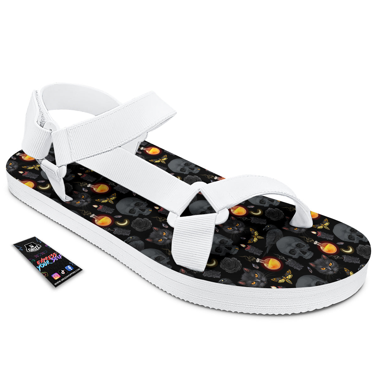 Black Head Cat Raven And Skull Print Pattern White Open Toe Sandals-grizzshop