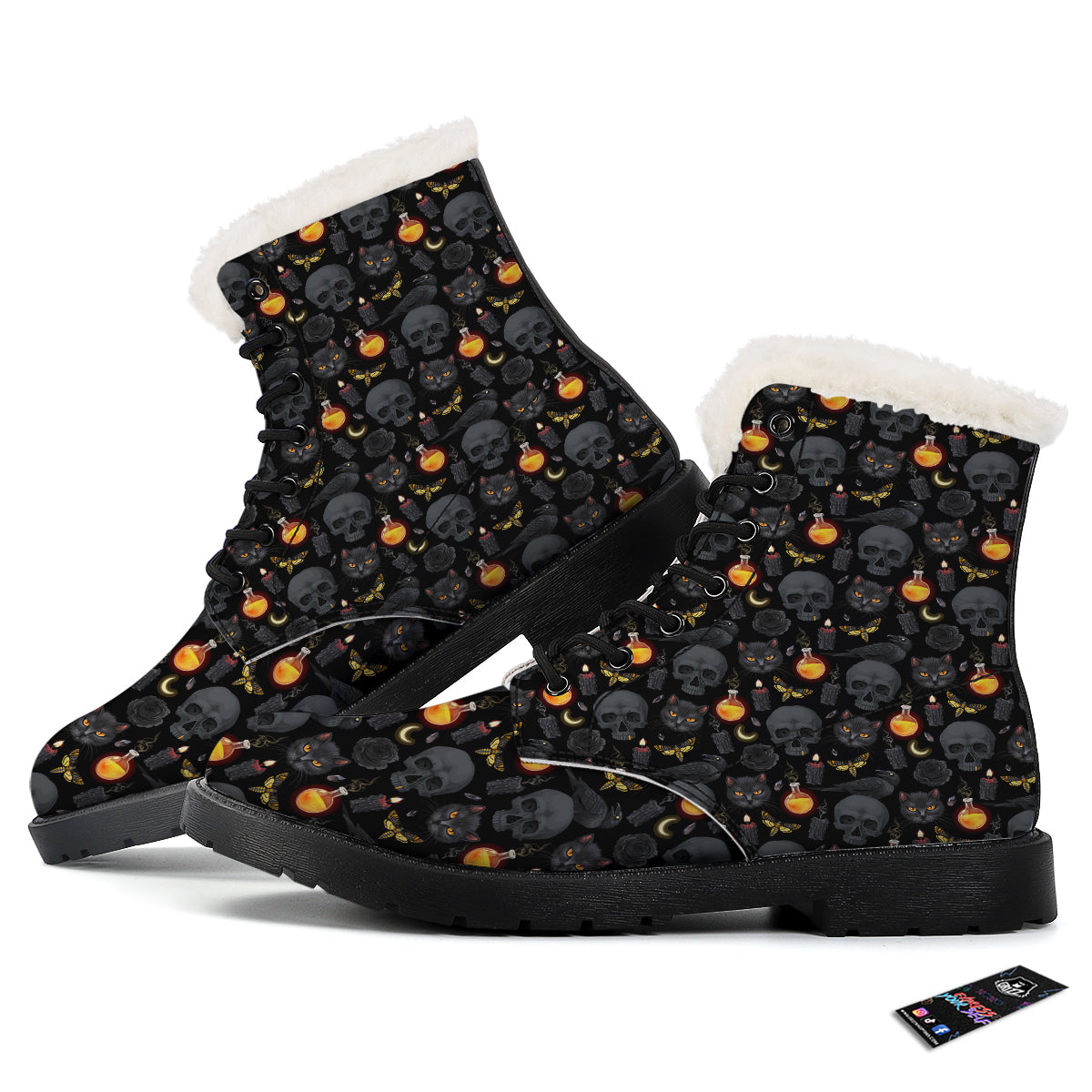 Black Head Cat Raven And Skull Print Pattern Winter Boots-grizzshop