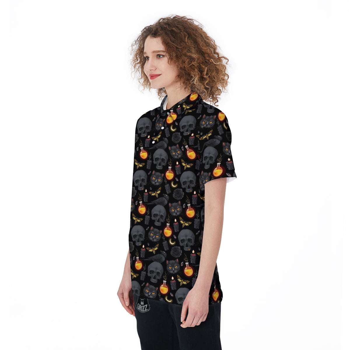 Black Head Cat Raven And Skull Print Pattern Women's Golf Shirts-grizzshop