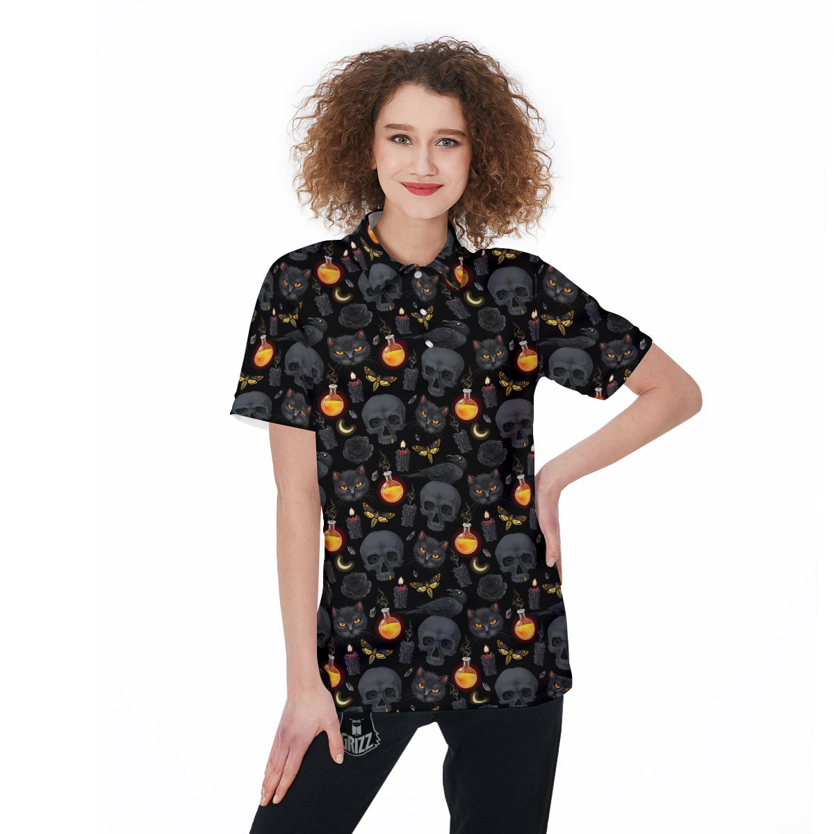 Black Head Cat Raven And Skull Print Pattern Women's Golf Shirts-grizzshop
