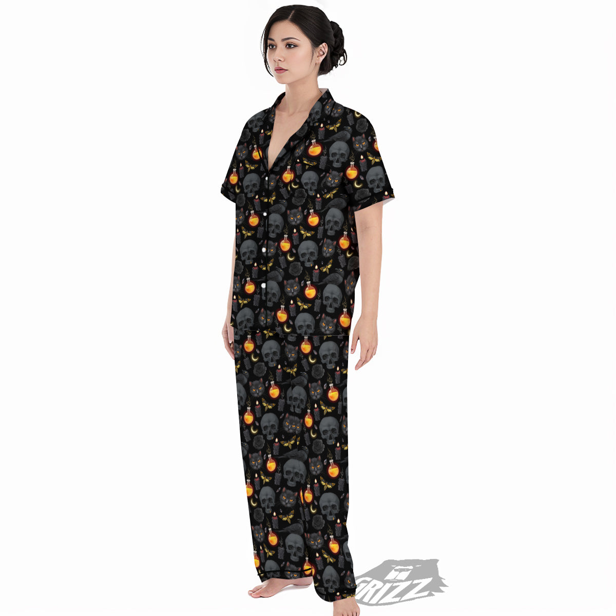 Black Head Cat Raven And Skull Print Pattern Women's Pajamas Set-grizzshop