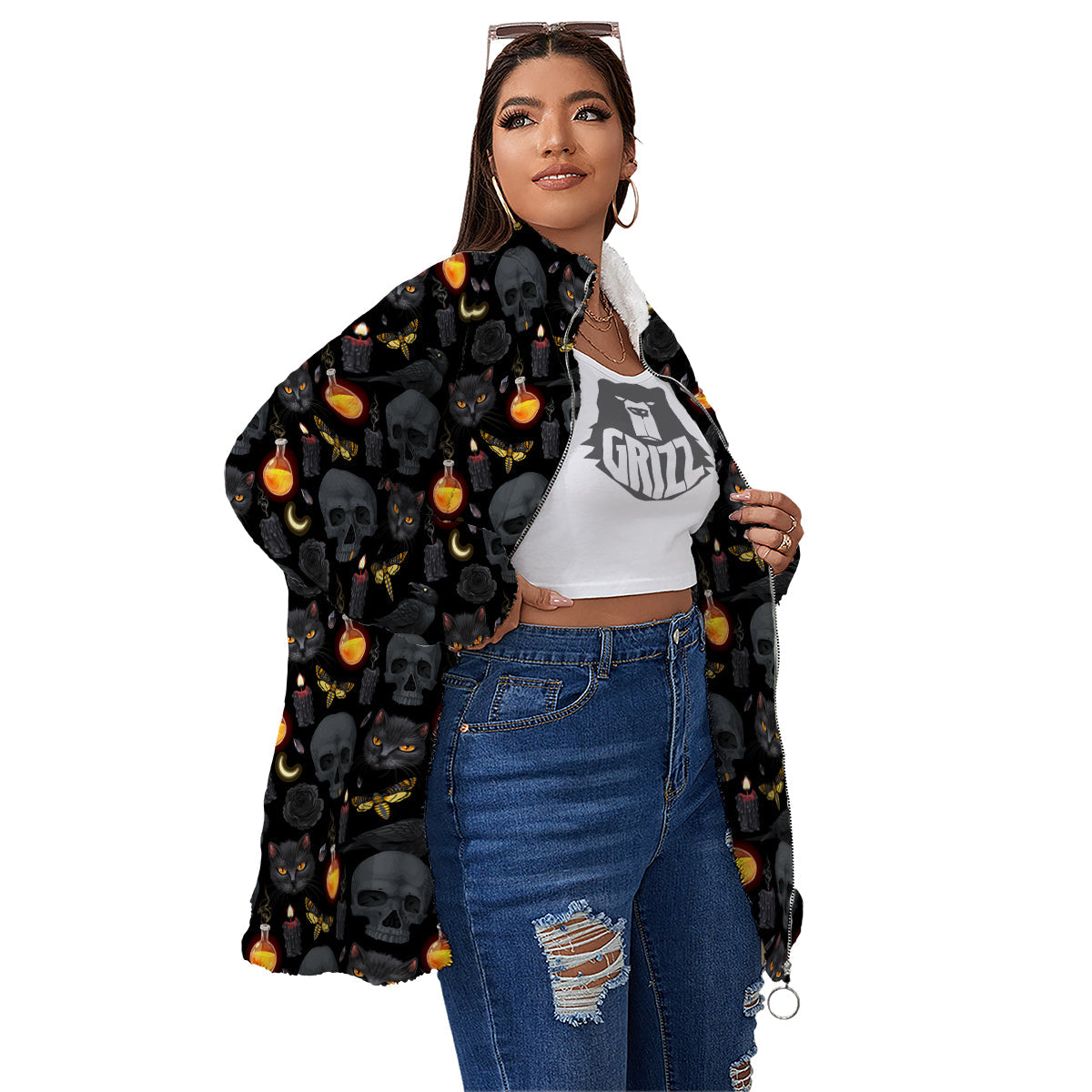 Black Head Cat Raven And Skull Print Pattern Women's Sherpa Jacket-grizzshop
