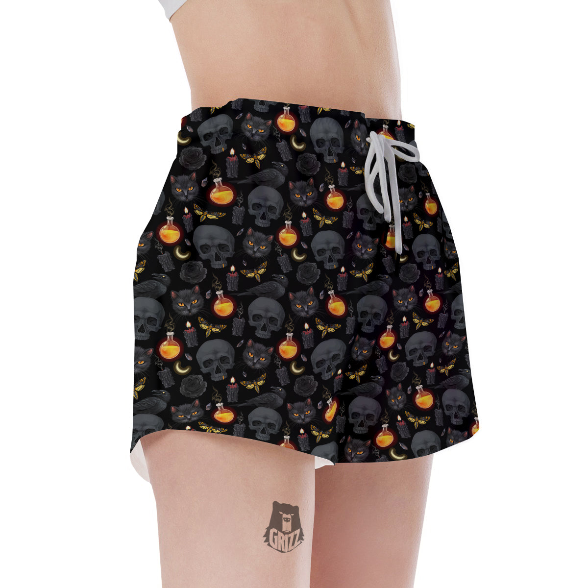 Black Head Cat Raven And Skull Print Pattern Women's Shorts-grizzshop
