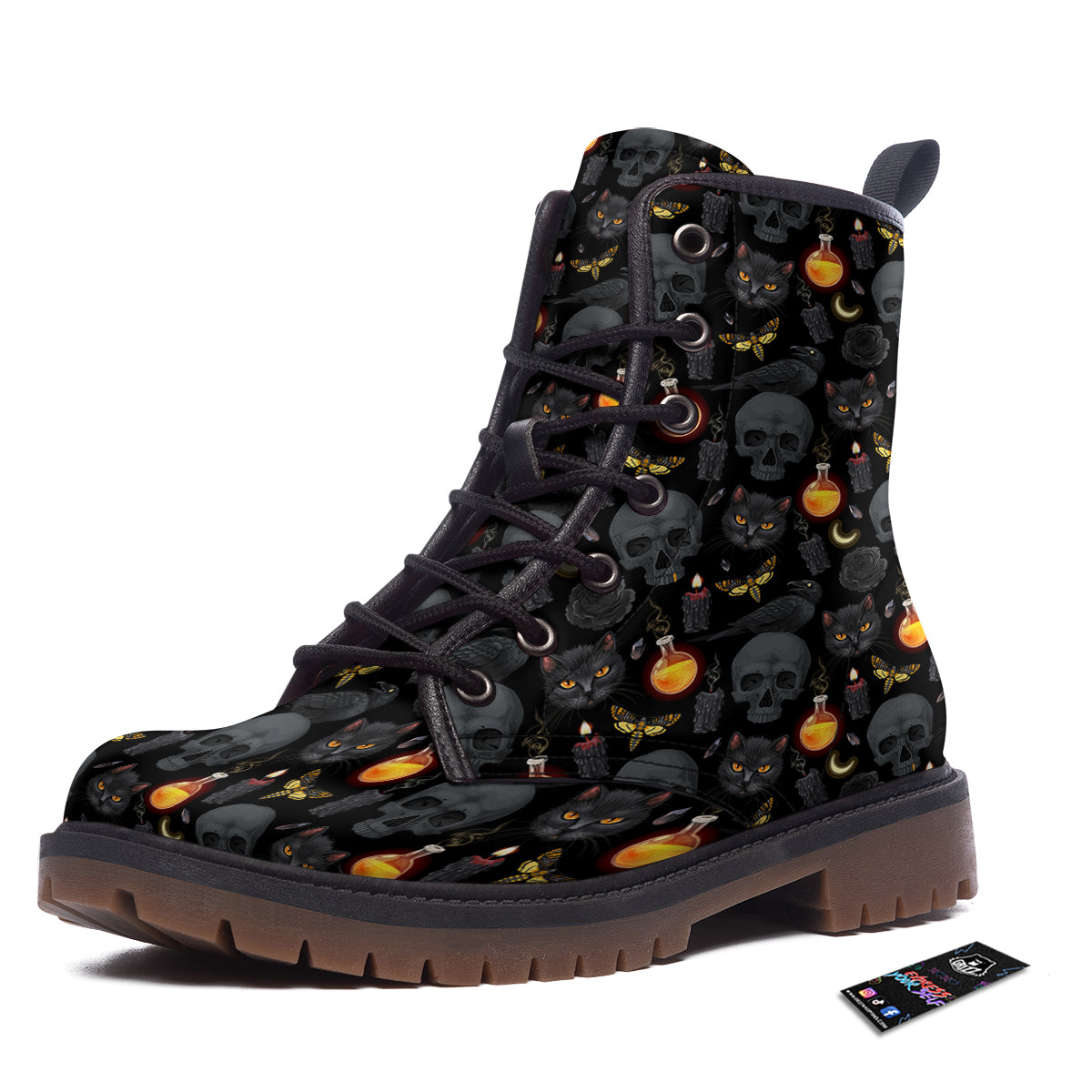 Black Head Cat Raven And Skull Print Pattern Work Boots-grizzshop