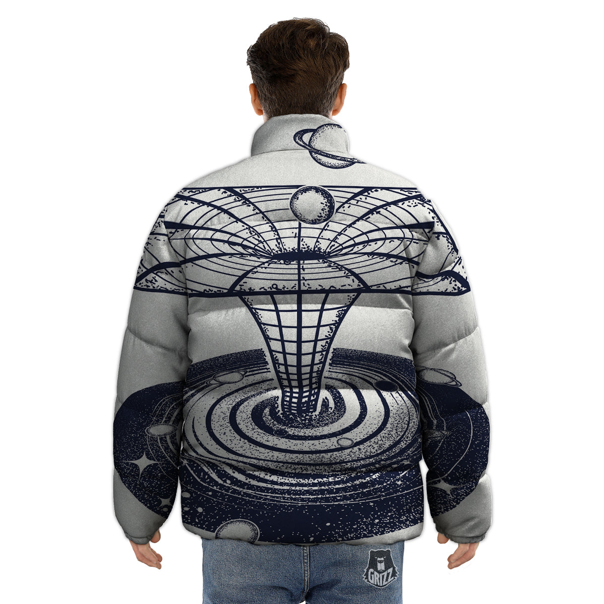 Black Hole Tattoo Print Puffer Jacket-grizzshop