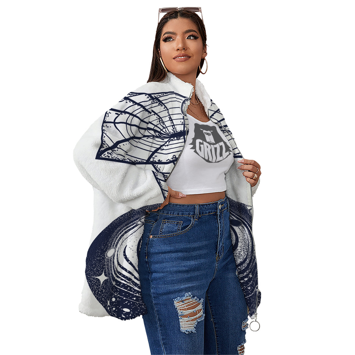 Black Hole Tattoo Print Women's Sherpa Jacket-grizzshop