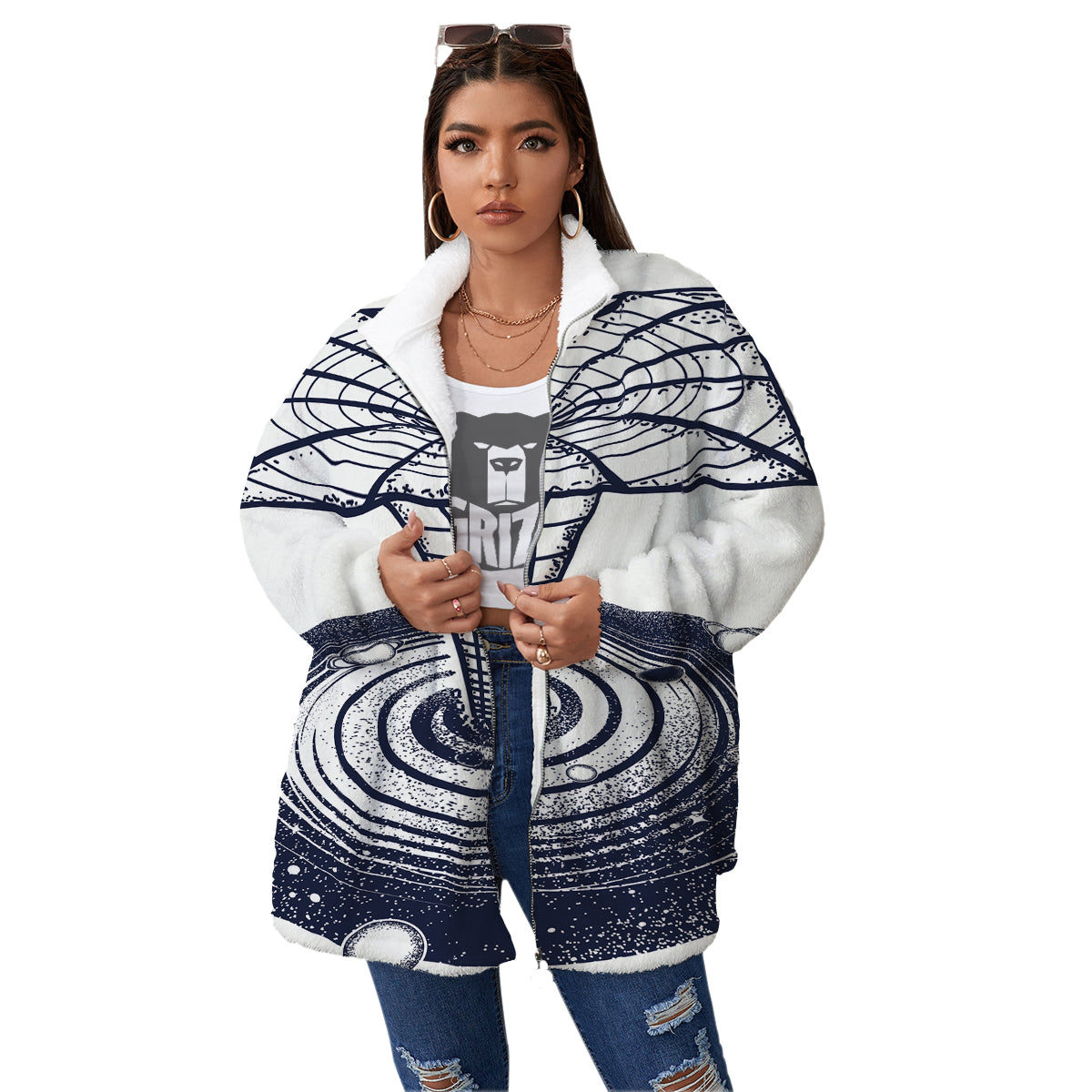 Black Hole Tattoo Print Women's Sherpa Jacket-grizzshop