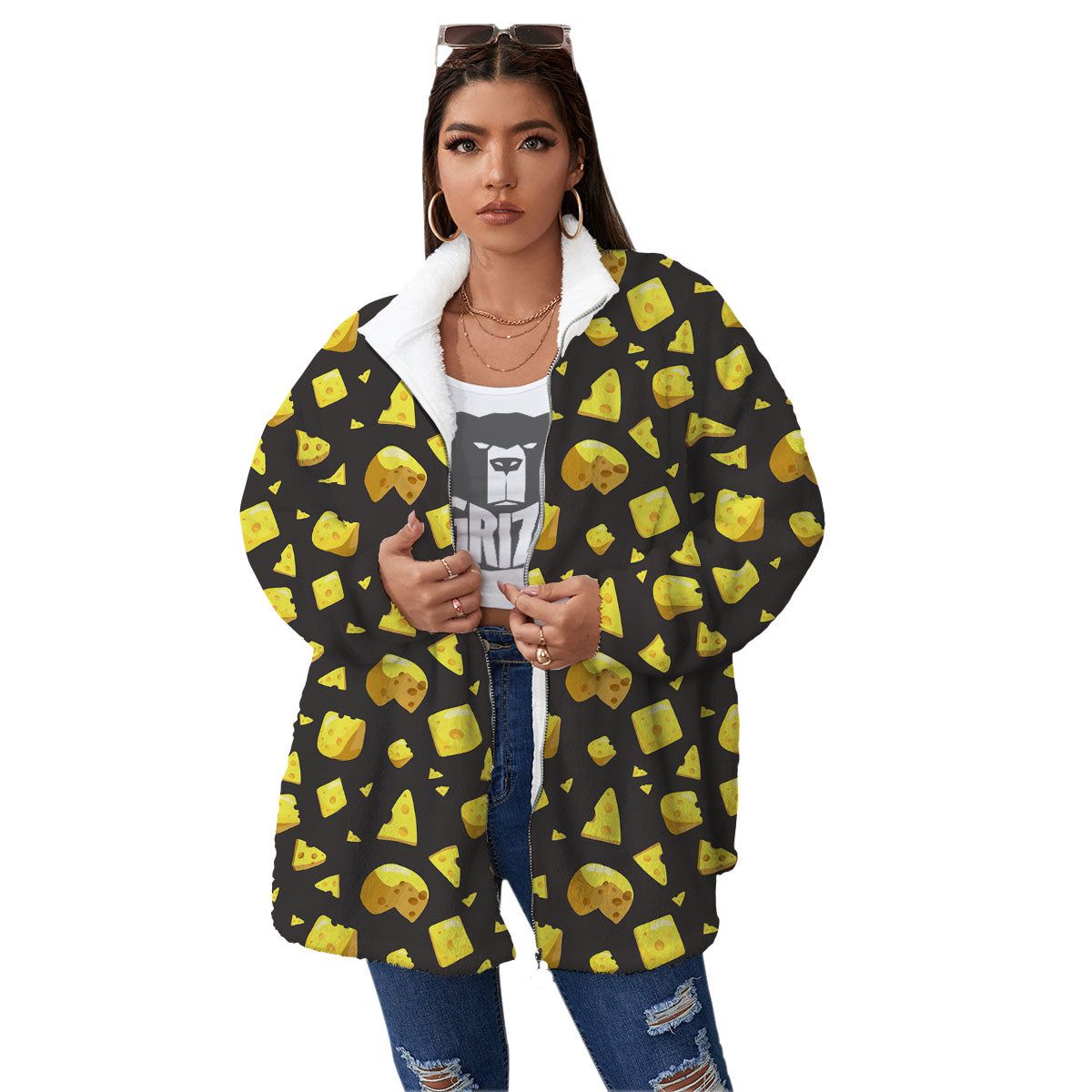 Black Holes And Cheese Print Pattern Women's Sherpa Jacket-grizzshop