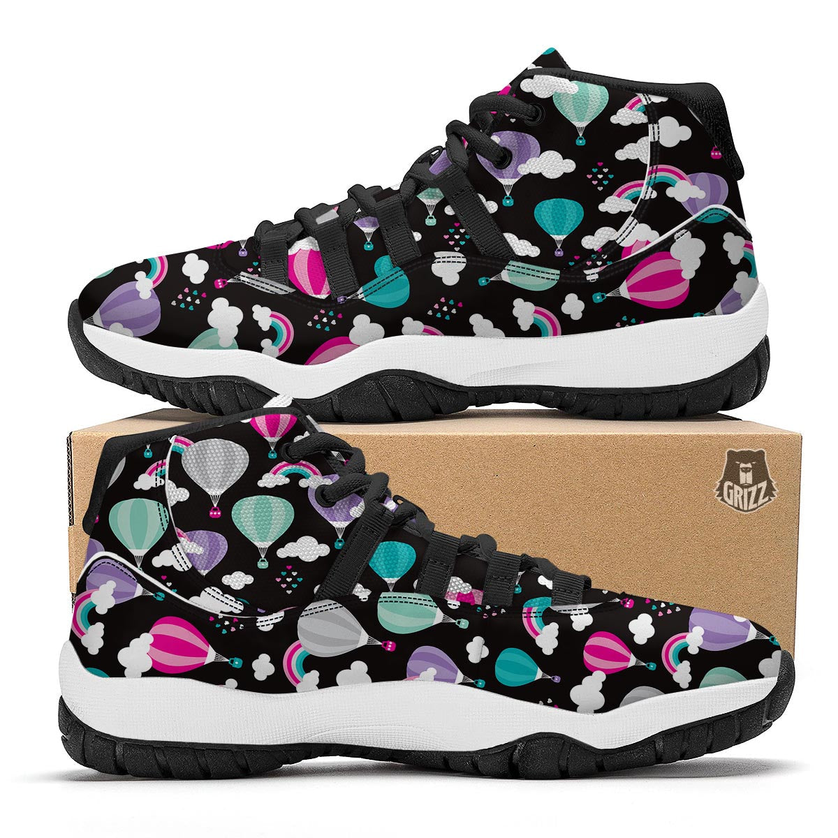 Black Hot Air Balloon Pattern Print Black Bball Shoes-grizzshop