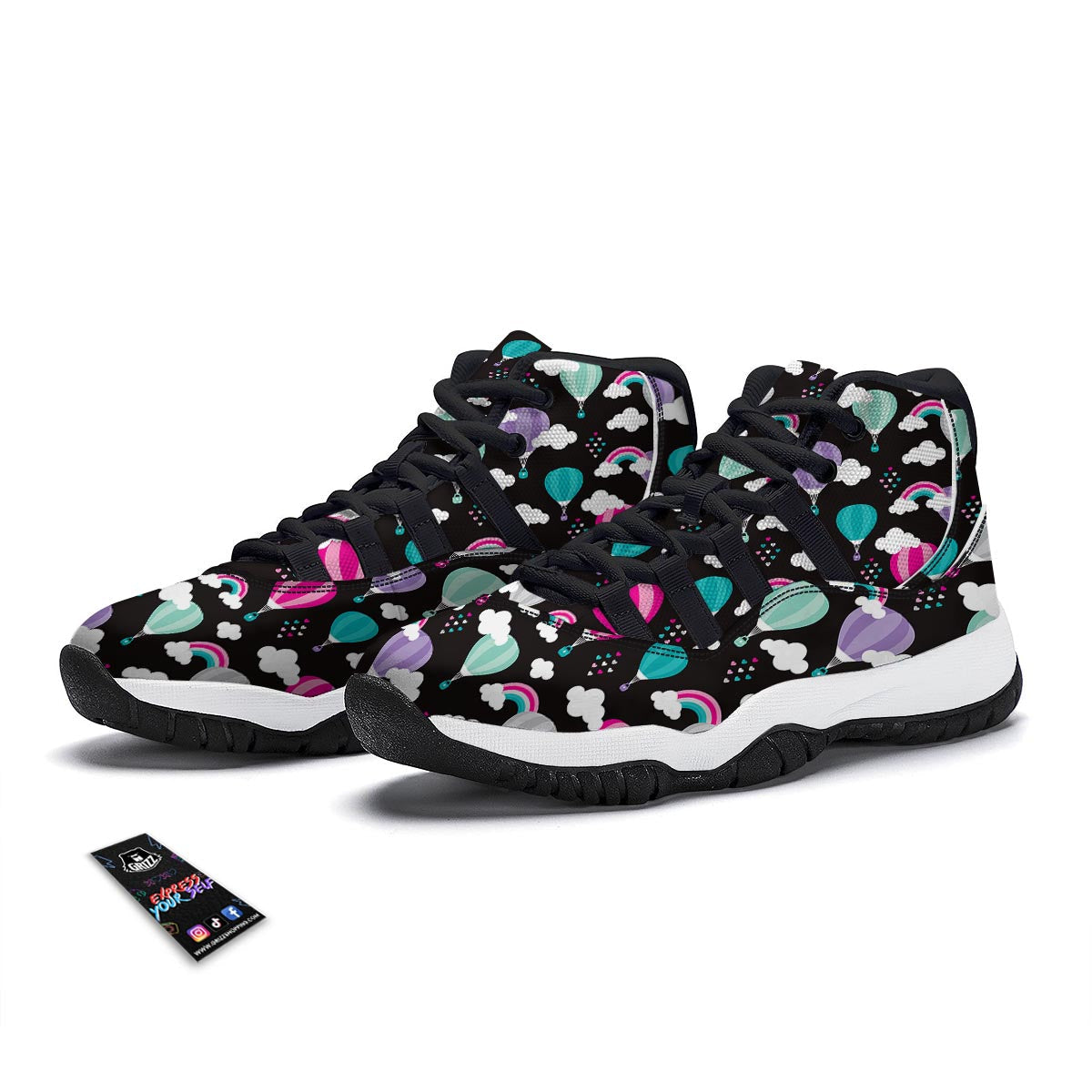 Black Hot Air Balloon Pattern Print Black Bball Shoes-grizzshop