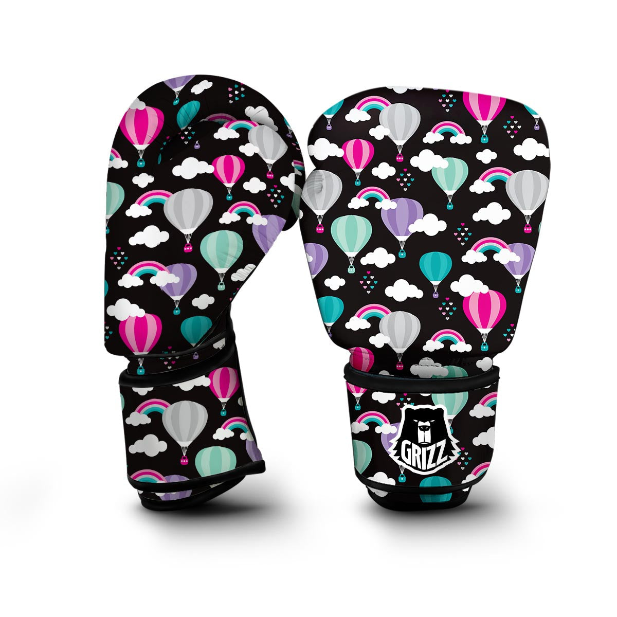Black Hot Air Balloon Pattern Print Boxing Gloves-grizzshop