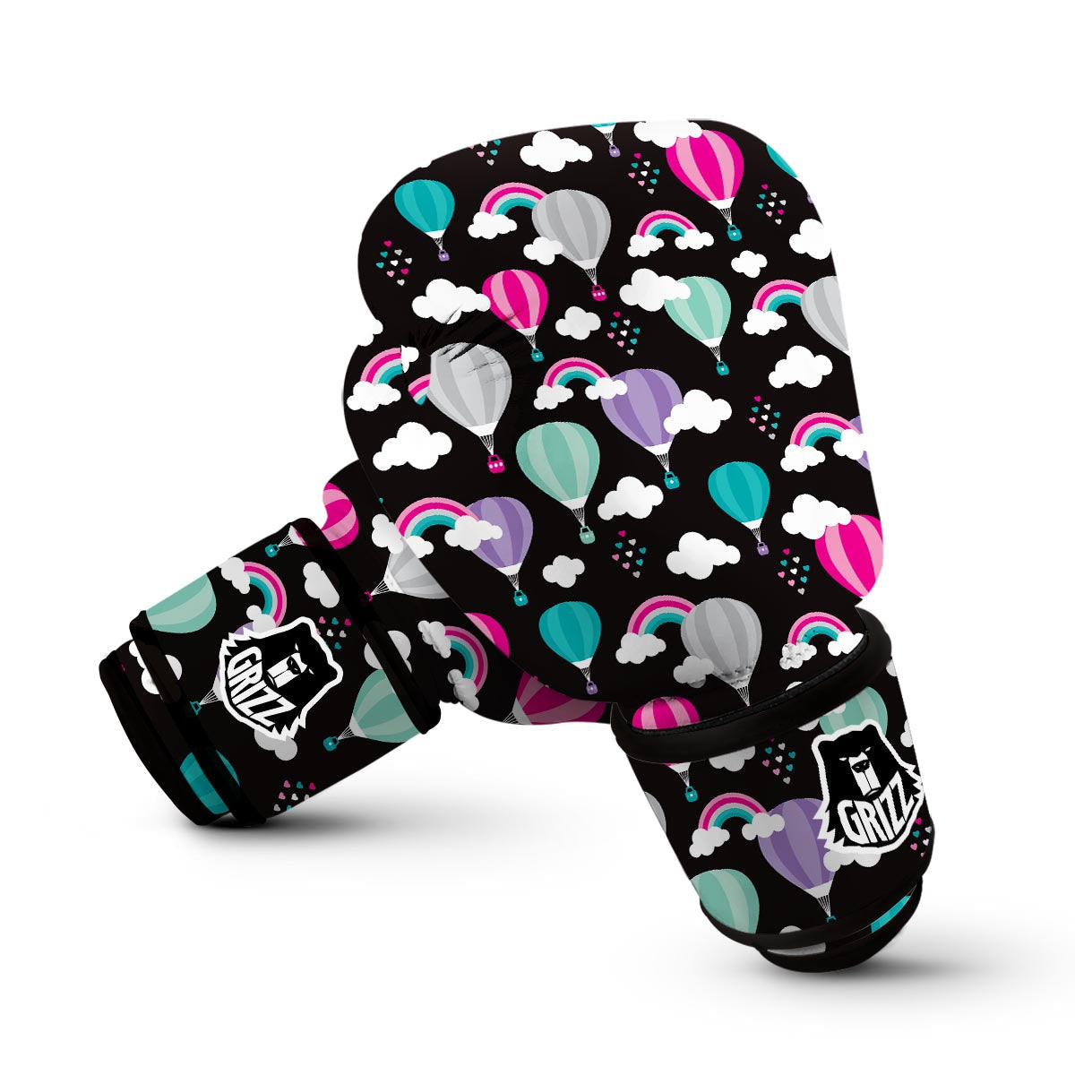 Black Hot Air Balloon Pattern Print Boxing Gloves-grizzshop