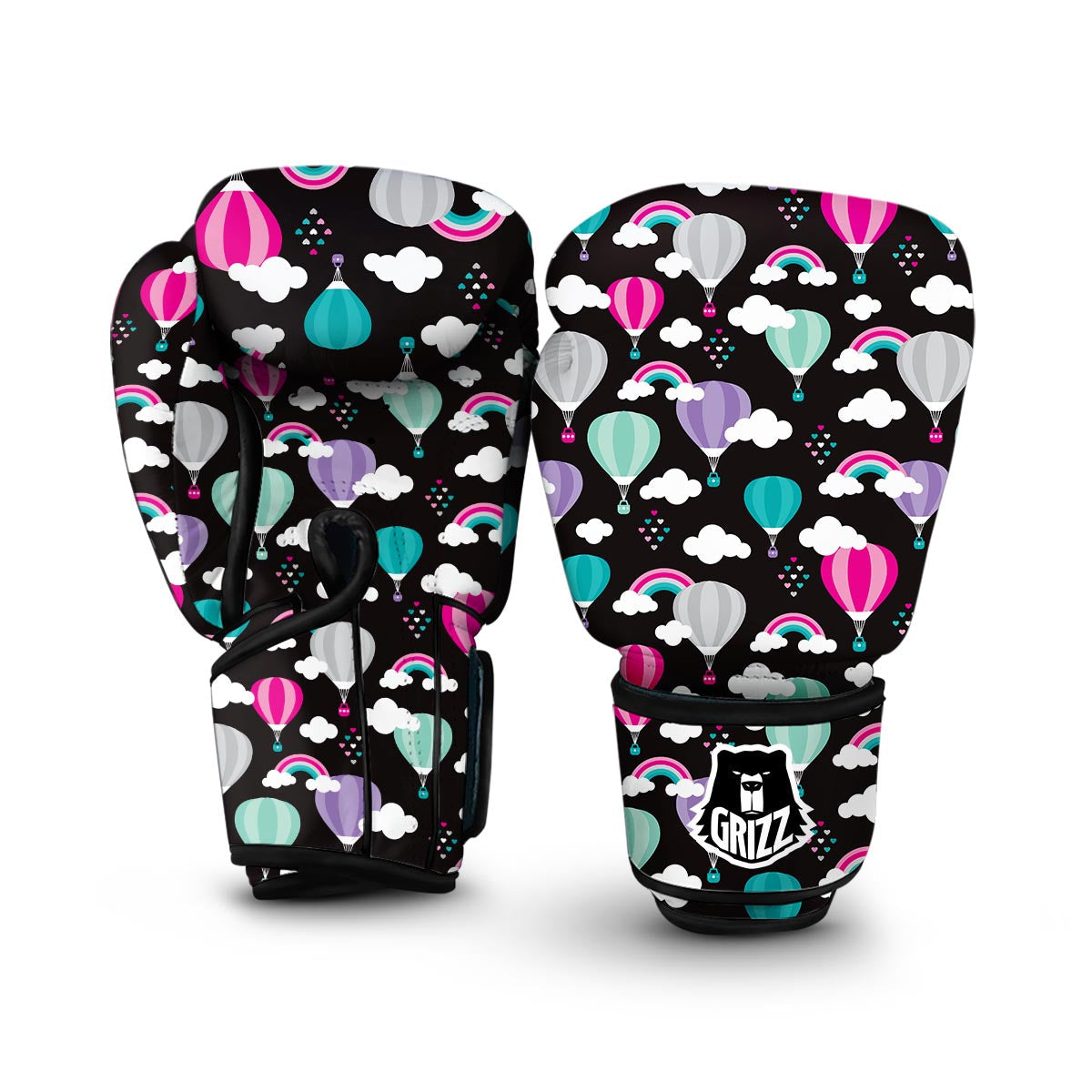 Black Hot Air Balloon Pattern Print Boxing Gloves-grizzshop