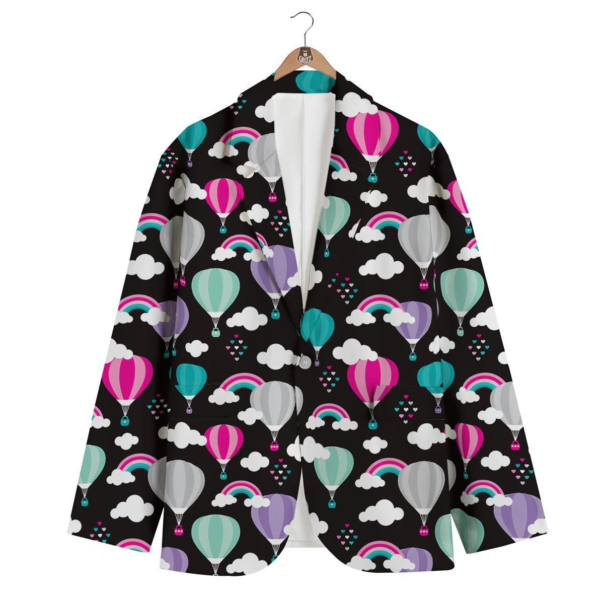 Black Hot Air Balloon Pattern Print Men's Blazer-grizzshop