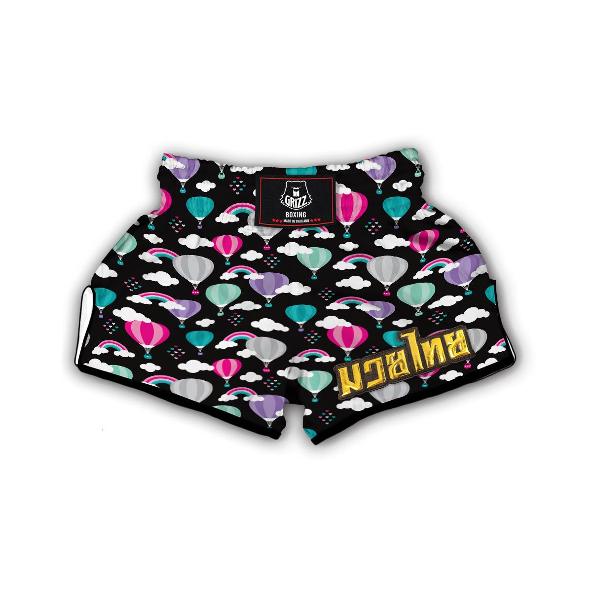 Black Hot Air Balloon Pattern Print Muay Thai Boxing Shorts-grizzshop